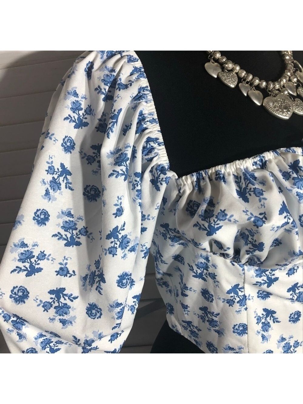 Vintage Y2K Floral Cropped Top Blue and White Medium - Picture 7 of 13